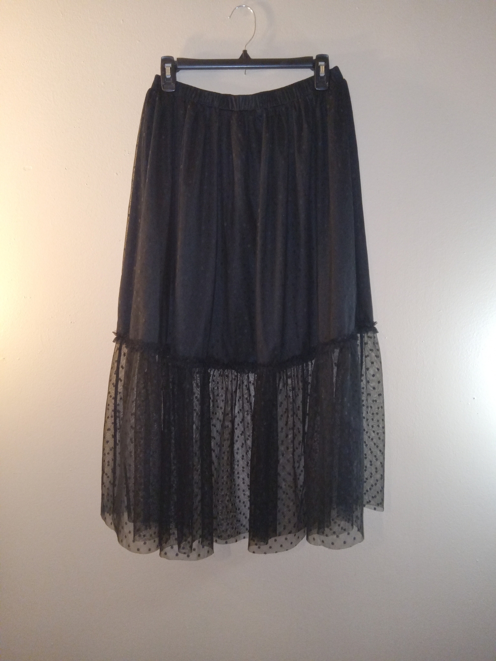 Women's Black Sheer Polka Dot Tiered Maxi Skirt